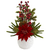 Nearly Natural A1306 18" Artificial Green & Red Poinsettia, Cactus & Holly Berry Christmas Arrangement in White Vase