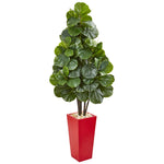 Nearly Natural 9383 58" Artificial Green Fiddle Leaf Fig Tree in Red Tower Planter