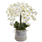 Nearly Natural A1364 26" Artificial White Phalaenopsis Orchid Arrangement in Stoneware Vase with Gold Trimming