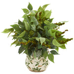 Nearly Natural 8549 13" Artificial Green Mixed Ficus, Fittonia & Berries Plant in Floral Vase