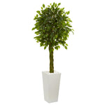 Nearly Natural 5724 5' Artificial Green Braided Ficus Tree in White Tower Planter, UV Resistant (Indoor/Outdoor)