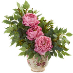 Nearly Natural Peony and Mixed Greens Artificial Arrangement in Vase