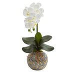 Nearly Natural A1345 20" Artificial Green & White Phalaenopsis Orchid Arrangement in Planter with Gold Trimming