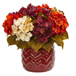 Nearly Natural 1809 14" Artificial Hydrangea Berry Arrangement in Red Vase, Multicolor