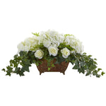 Nearly Natural Hydrangea & Roses Artificial Arrangement in Metal Planter