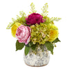 Nearly Natural 1897 14" Artificial Rose, Peony & Hydrangea Arrangement in Vase, Multicolor