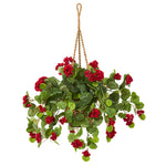 Nearly Natural 8424 27" Artificial Green & Red Geranium Plant in Hanging Basket