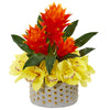 Nearly Natural 1943 14" Artificial Orange & Yellow Cymbidium Orchid & Bromeliad Arrangement