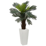 Nearly Natural 6393 4.5' Artificial Green Cycas Plant in White Tower Planter