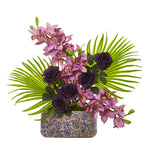 Nearly Natural A1020 21" Artificial Cymbidium Orchid, Rose & Fan Palm Arrangement, Multicolor
