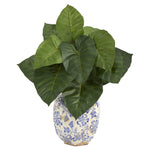 Nearly Natural 17``Taro Artificial Plant in Blue and White Print Planter