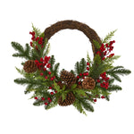 Nearly Natural 4360 22" Artificial Green & Red Mixed Pine & Cedar with Berries & Pine Cones Wreath