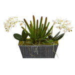 Nearly Natural A1286 13" Artificial Green & White Orchid Phalaenopsis & Succulent Arrangement in Embossed Tin Vase