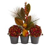 Nearly Natural A1264 17" Artificial Red Fall Hydrangea, Pears, & Magnolia Leaf Arrangement in Trio Metal Vase