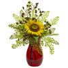 Nearly Natural 1815 Sunflower, Maiden Hair & Coffee Leaf Artificial Arrangement, Red & Yellow 