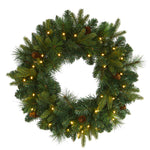 Nearly Natural 24`` Mixed Pine Artificial Christmas Wreath with 35 Clear LED Lights and Pinecones