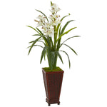 Nearly Natural 9480 49" Artificial Green & White Cymbidium Orchid Plant in Decorative Planter