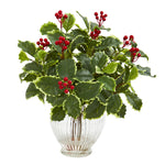 Nearly Natural 8688 15" Artificial Green Real Touch Variegated Holly Leaf Plant in Vase