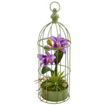 Nearly Natural Cattleya Orchid Arrangement in Bird Cage