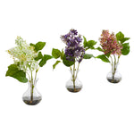 Nearly Natural 1667-S3 12" Artificial Lilac Arrangement in Glass Vase, Set of 3
