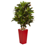 Nearly Natural 6454 4' Artificial Green Croton Plant in Red Planter