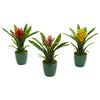 Nearly Natural 8212-S3 10" Artificial Bromeliad Plant in Green Planter, Set of 3, Multicolor