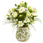 Nearly Natural 1959 25" Artificial Green & White Rose, Mixed Floral & Grass Arrangement in Floral Vase
