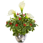 Nearly Natural 1981 21" Artificial Green Calla Lilly & Holly Leaf Arrangement in Silver Vase