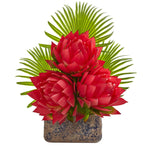 Nearly Natural A1321 25" Artificial Red Musella & Fan Palm Arrangement in Vintage Vase