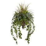 Nearly Natural 8621 45" Artificial Green Ivy & Mix Greens Plant in Hanging Metal Bowl