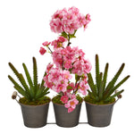 Nearly Natural A1300 15" Artificial Green & Pink Cherry Blossom & Cactus Artificial Arrangement in Trio Metal Vase