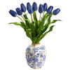 Nearly Natural 22'' Dutch Tulip Artificial Arrangement in Blue and White Print Planter