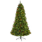 Nearly Natural 7` Aberdeen Spruce Artificial Christmas Tree with 500 Clear LED Lights, Pine Cones and Red Berries