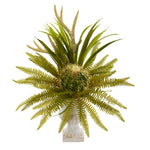 Nearly Natural P1284 23" Artificial Green Cactus & Fern Plant in White Urn
