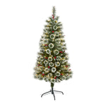 Nearly Natural 5`Frosted Swiss Pine Artificial Christmas Tree with 200 Clear LED Lights and Berries