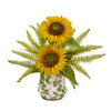 Nearly Natural A1030 15" Artificial Yellow Sunflower & Fern Arrangement in Vase