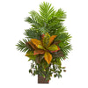 Nearly Natural 8750 32" Artificial Green Areca Palm & Croton Plant in Weathered Vase
