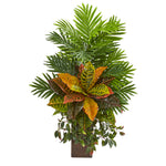 Nearly Natural 8750 32" Artificial Green Areca Palm & Croton Plant in Weathered Vase