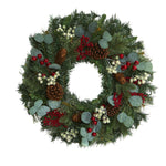 Nearly Natural 24`` Eucalyptus and Pine Artificial Wreath with Berries and Pine Cones
