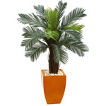 Nearly Natural 5790 4.5' Artificial Green Cycas Tree in Orange Planter, UV Resistant (Indoor/Outdoor)