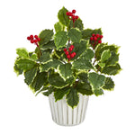 Nearly Natural 13``Variegated Holly Leaf Artificial Plant in White Planter with Silver Trimming (Real Touch)