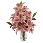 Nearly Natural Rubrum Lily Artificial Arrangement in Decorative Vase