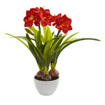 Nearly Natural 4352 30" Artificial Green & Red Amaryllis Arrangement in White Vase