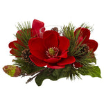 Nearly Natural 4894 7" Artificial Green & Red Magnolia & Pine Candelabrum