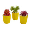 Nearly Natural 8450-S3 9" Artificial Green & Maroon Mixed Succulent Plant in Yellow Vase, Set of 3