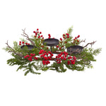 Nearly Natural 4887 6.5" Artificial Green & Red Berry & Pine Triple Candleabrum