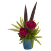 Nearly Natural 24`` Peony and Fern Artificial Arrangement in Blue Vase