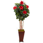 Nearly Natural 5999 5' Artificial Green & Red Hibiscus Tree in Decorated Wooden Planter