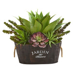 Nearly Natural 6468 17" Artificial Green Succulent Garden in Wood Planter