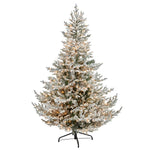Nearly Natural 7` Flocked Fraser Fir Artificial Christmas Tree with 600 Warm White Lights and 3852 Bendable Branches